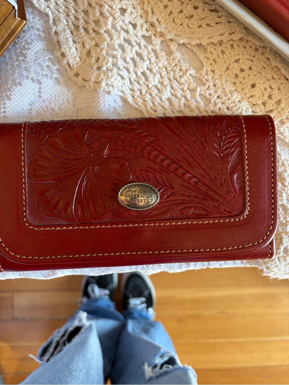 American West Red Tooled Floral Leather Wallet with Branded Plaque
